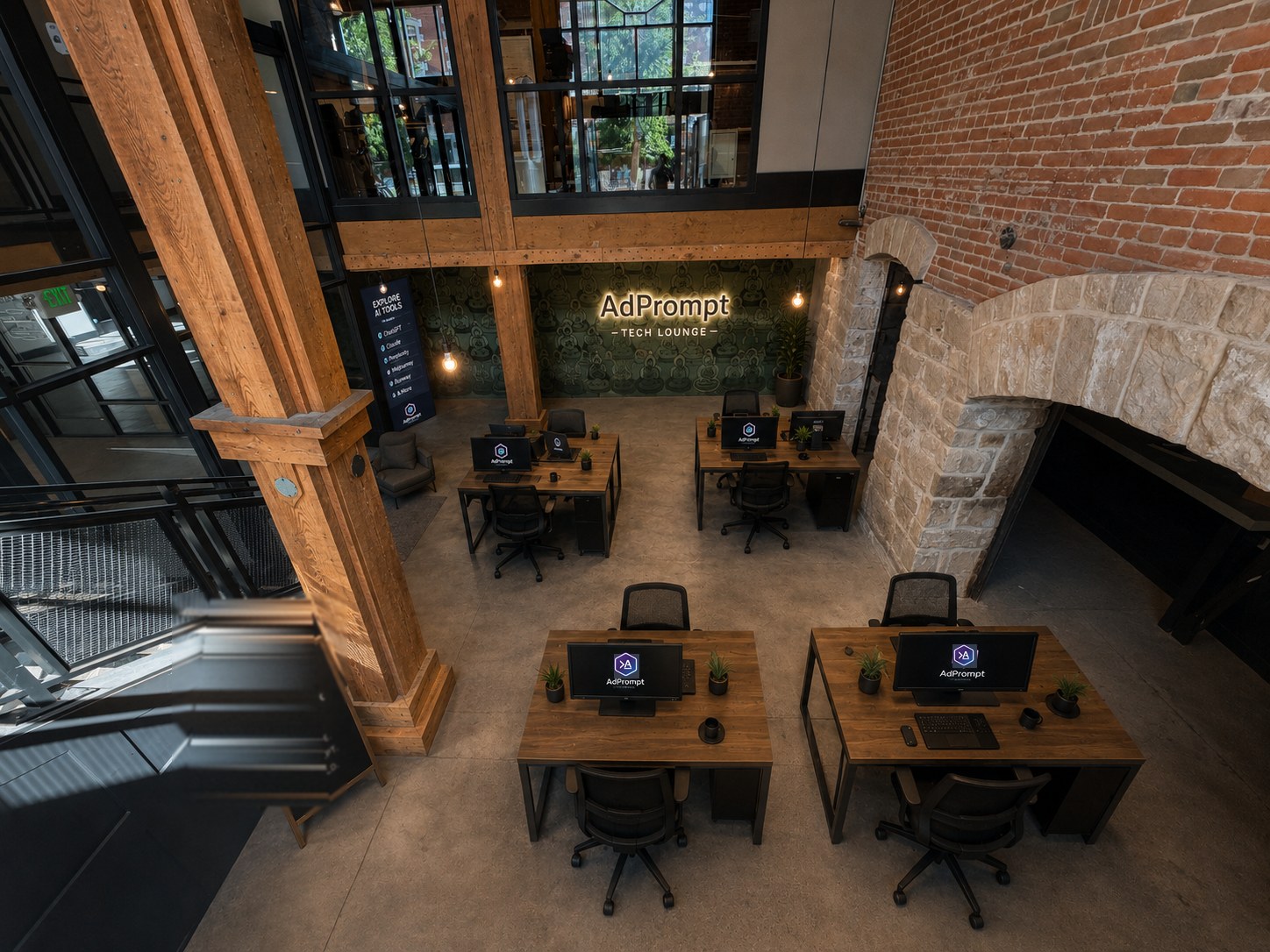 The AdPrompt Tech Lounge workspace with desks and the AdPrompt sign
